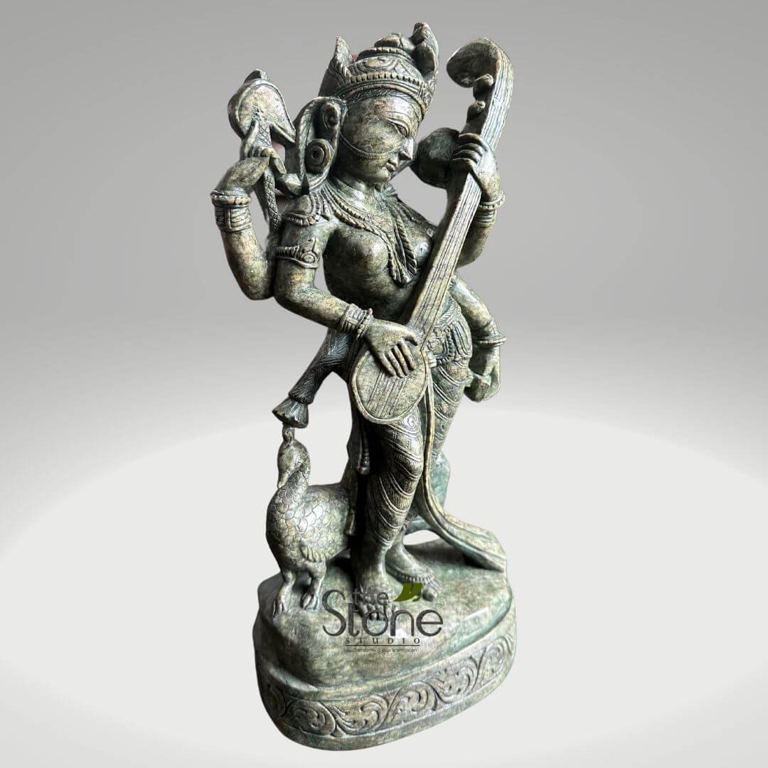 Green-stone-standing-saraswati-Idol