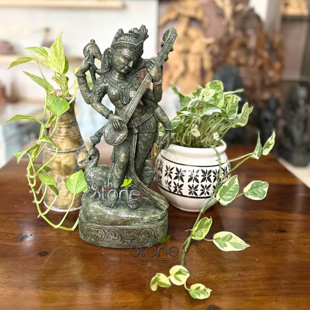 Maa-saraswati-standing-green-stone-statue