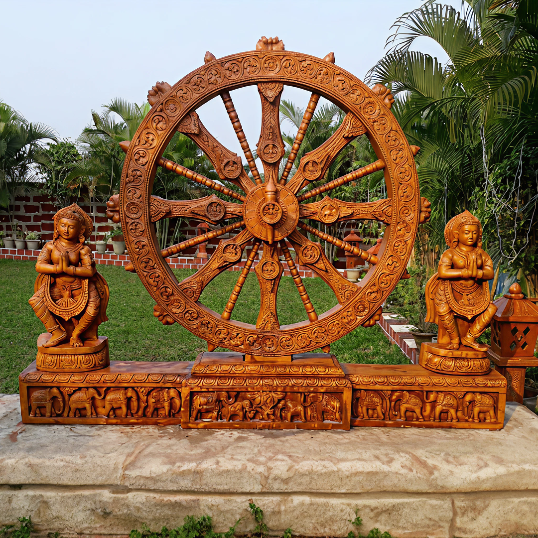 5 FT Handcrafted Konark Chakra Panel with Attendants & Elephant Base