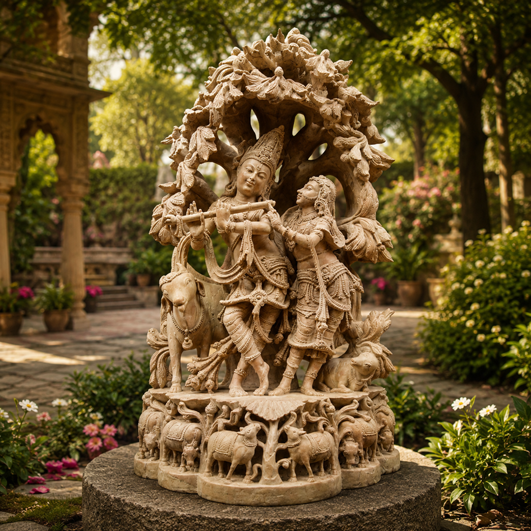 48 Inch Divine Radha Krishna Limestone Garden Statue