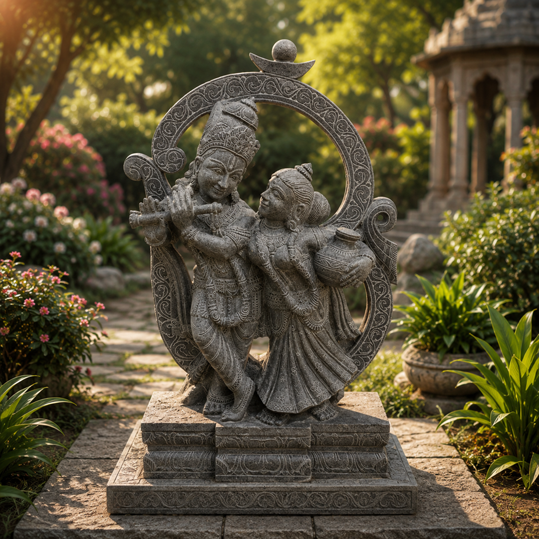 3 Feet Handcrafted Radha Krishna Black Granite Statue